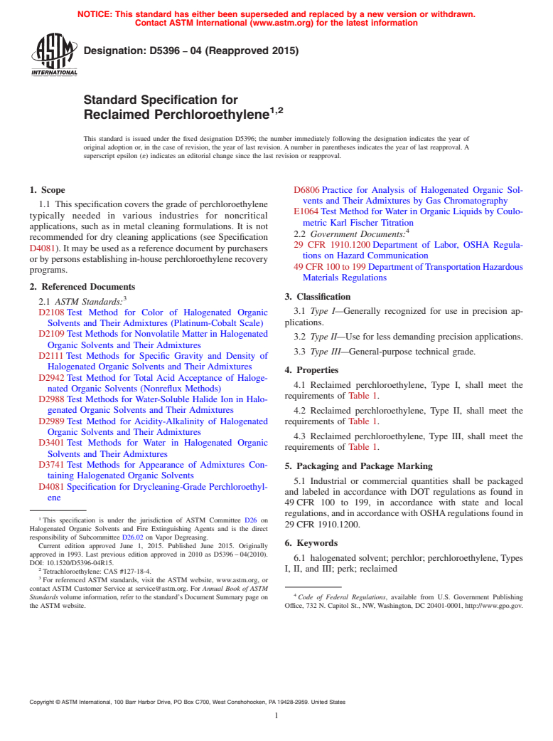 ASTM D5396-04(2015) - Standard Specification for Reclaimed Perchloroethylene