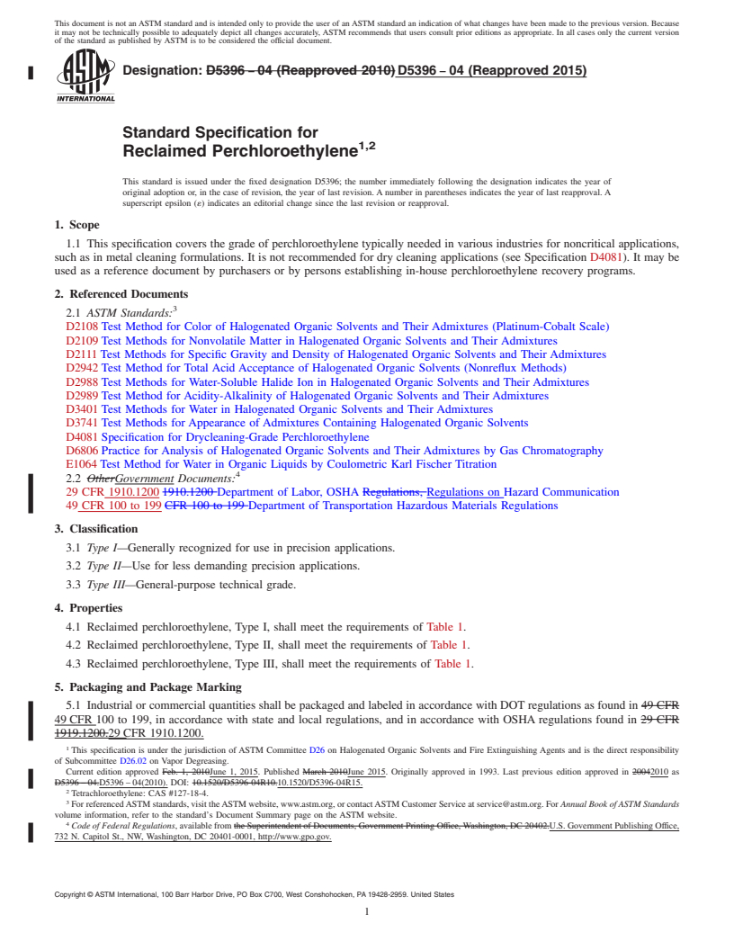 REDLINE ASTM D5396-04(2015) - Standard Specification for Reclaimed Perchloroethylene