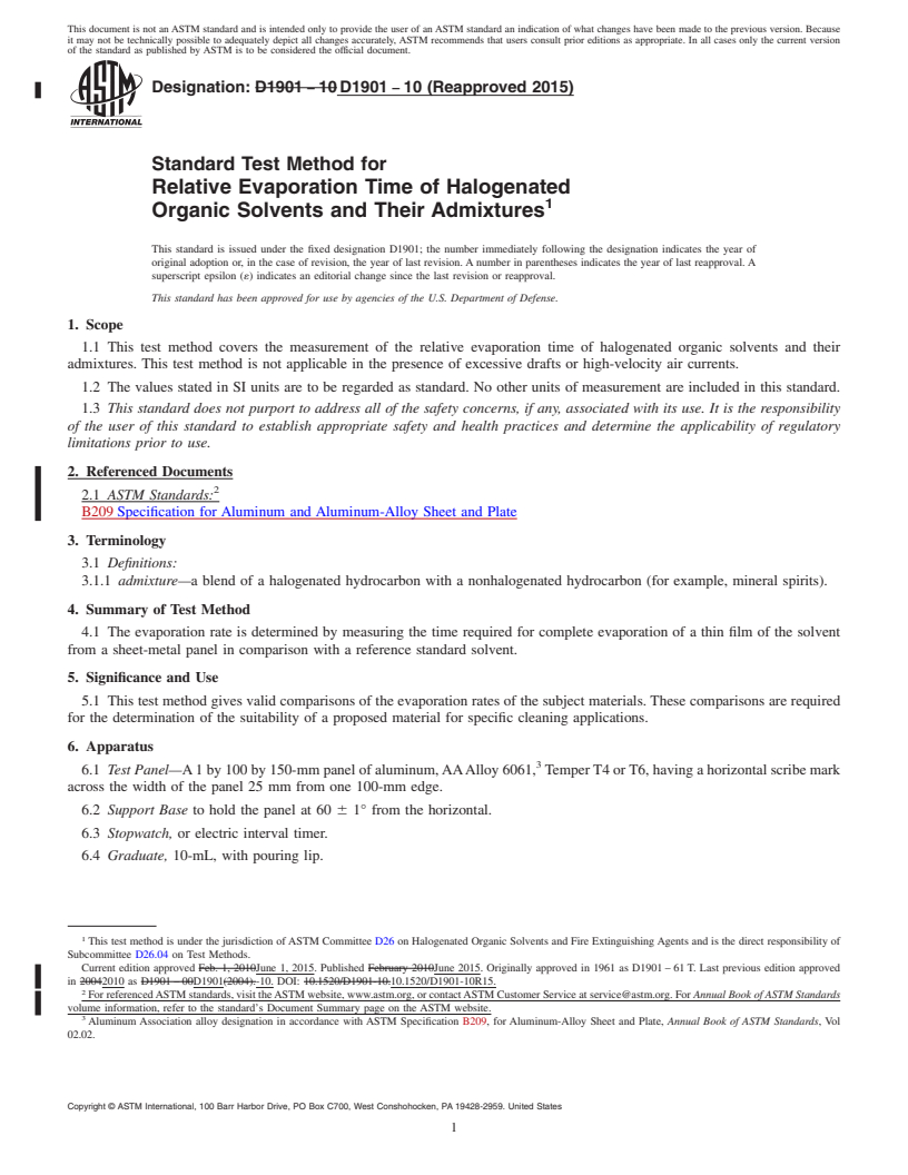 REDLINE ASTM D1901-10(2015) - Standard Test Method for Relative Evaporation Time of Halogenated Organic Solvents and  Their Admixtures