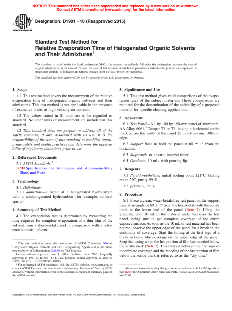 ASTM D1901-10(2015) - Standard Test Method for Relative Evaporation Time of Halogenated Organic Solvents and  Their Admixtures