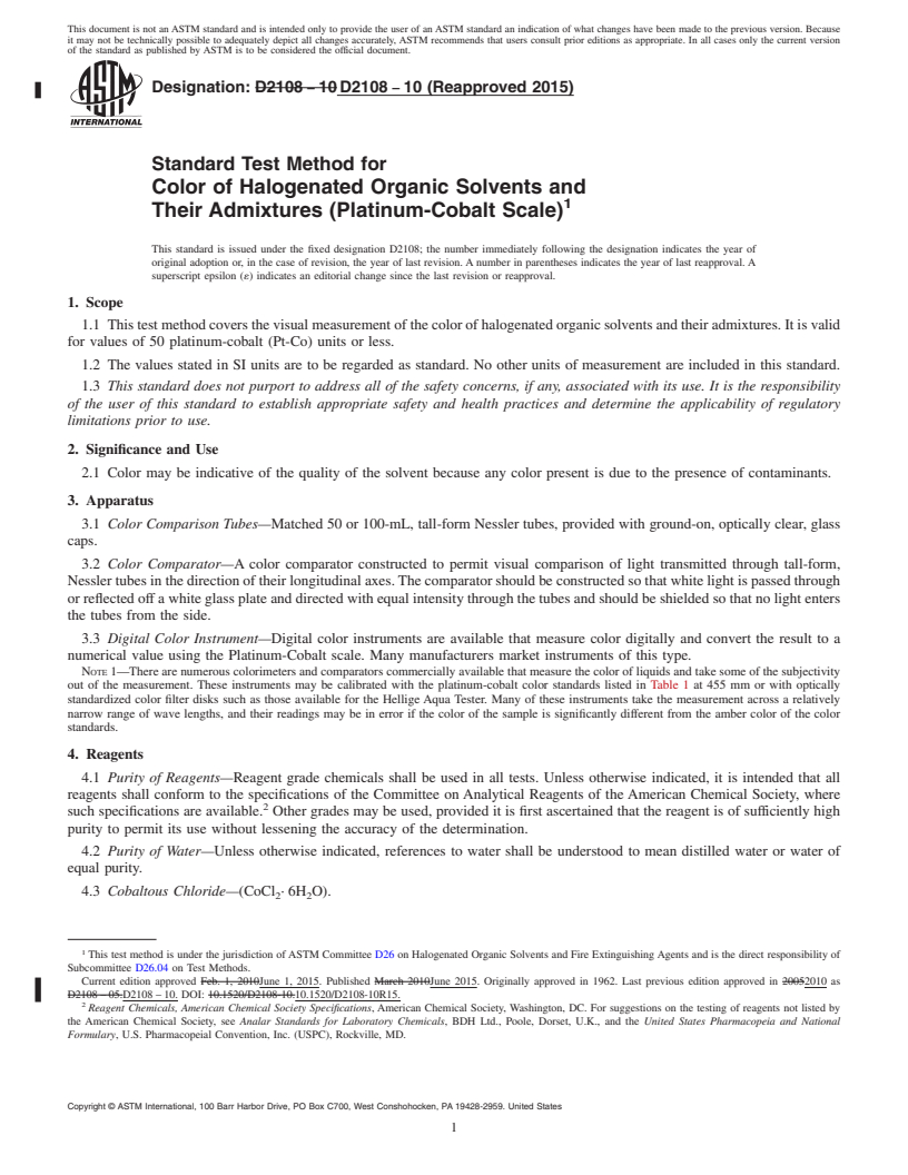 REDLINE ASTM D2108-10(2015) - Standard Test Method for Color of Halogenated Organic Solvents and Their Admixtures  (Platinum-Cobalt Scale)