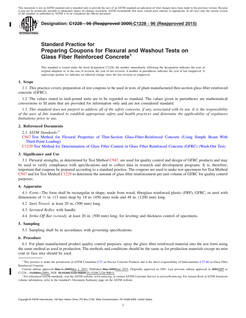 REDLINE ASTM C1228-96(2015) - Standard Practice for Preparing Coupons for Flexural and Washout Tests on Glass Fiber   Reinforced Concrete