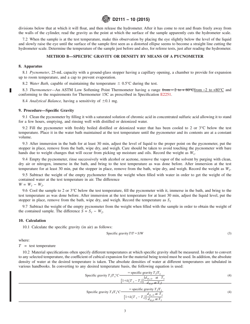 REDLINE ASTM D2111-10(2015) - Standard Test Methods for Specific Gravity and Density of Halogenated Organic Solvents  and Their Admixtures