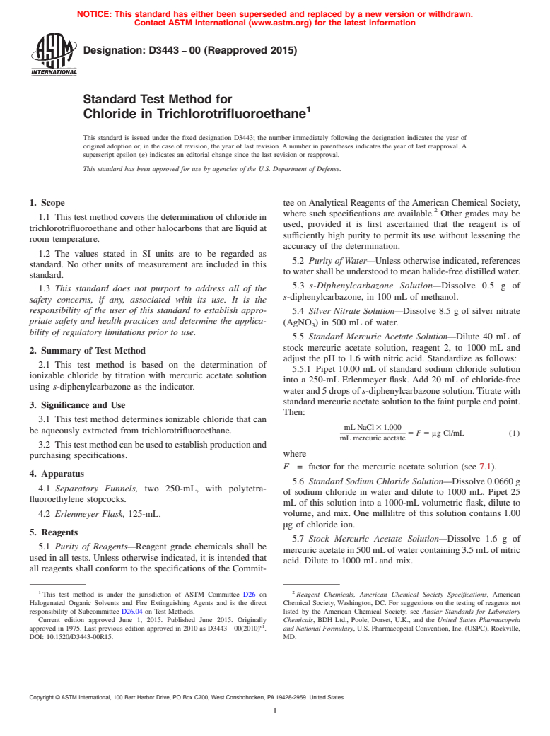 ASTM D3443-00(2015) - Standard Test Method for Chloride in Trichlorotrifluoroethane