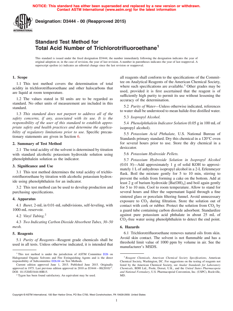 ASTM D3444-00(2015) - Standard Test Method for Total Acid Number of Trichlorotrifluoroethane