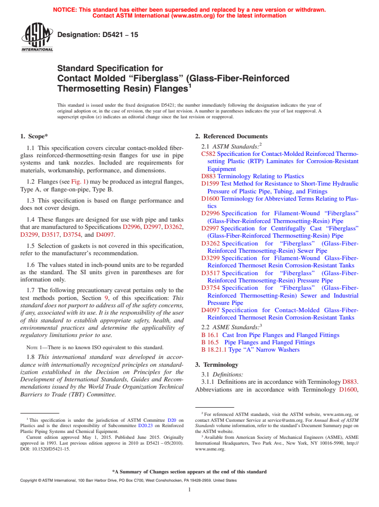 ASTM D5421-15 - Standard Specification for  Contact Molded &ldquo;Fiberglass&rdquo; (Glass-Fiber-Reinforced  Thermosetting Resin) Flanges