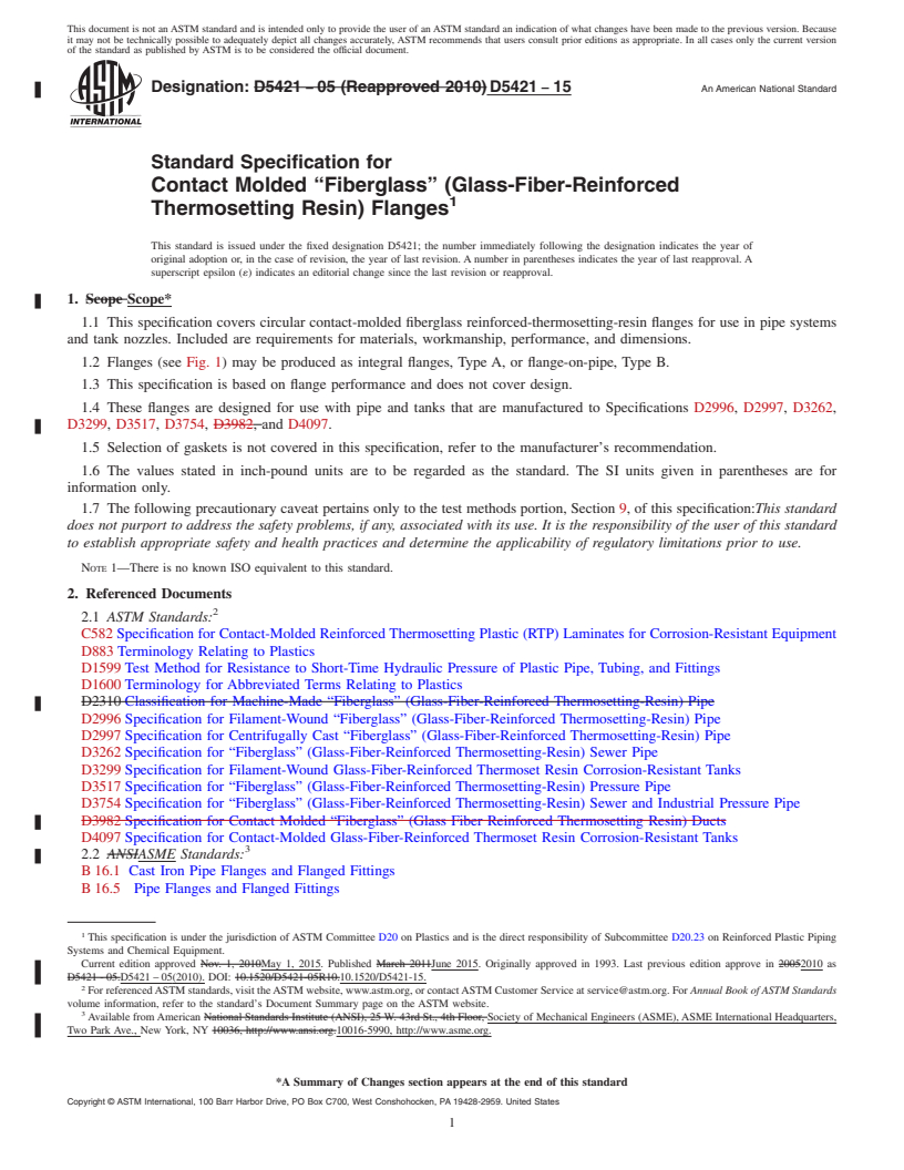 REDLINE ASTM D5421-15 - Standard Specification for  Contact Molded &ldquo;Fiberglass&rdquo; (Glass-Fiber-Reinforced  Thermosetting Resin) Flanges