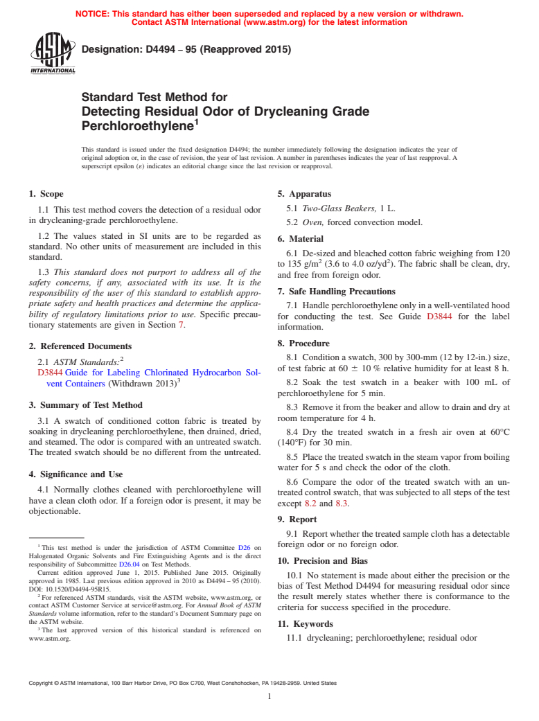 ASTM D4494-95(2015) - Standard Test Method for Detecting Residual Odor of Drycleaning Grade Perchloroethylene