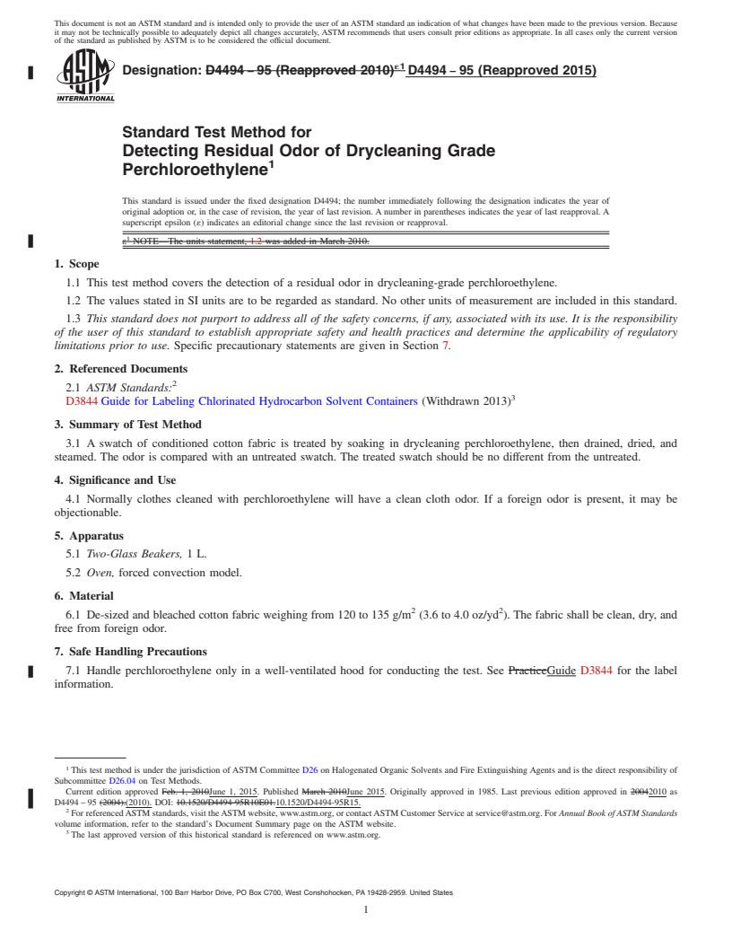 REDLINE ASTM D4494-95(2015) - Standard Test Method for Detecting Residual Odor of Drycleaning Grade Perchloroethylene