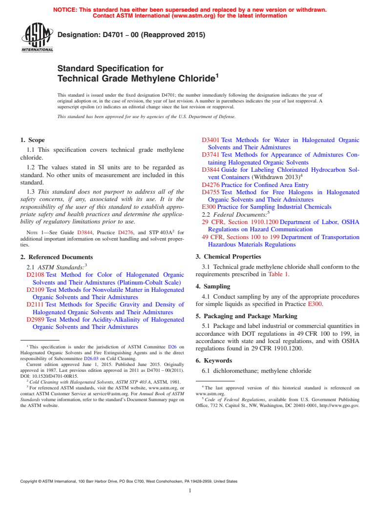 ASTM D4701-00(2015) - Standard Specification for Technical Grade Methylene Chloride