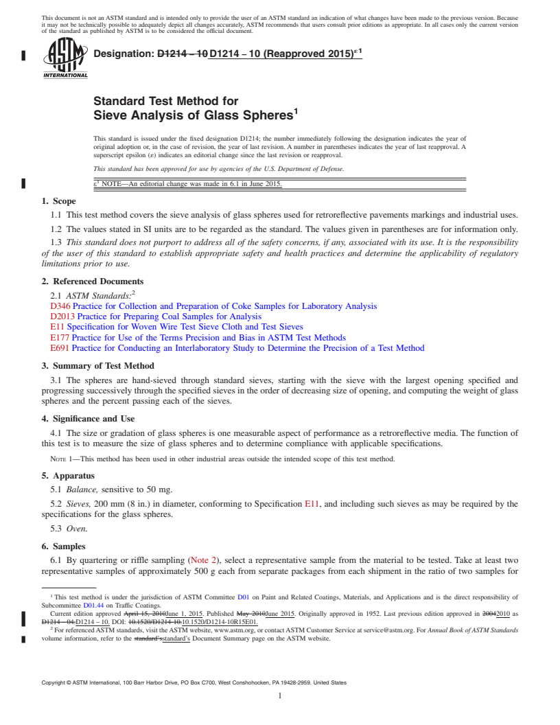 REDLINE ASTM D1214-10(2015)e1 - Standard Test Method for Sieve Analysis of Glass Spheres