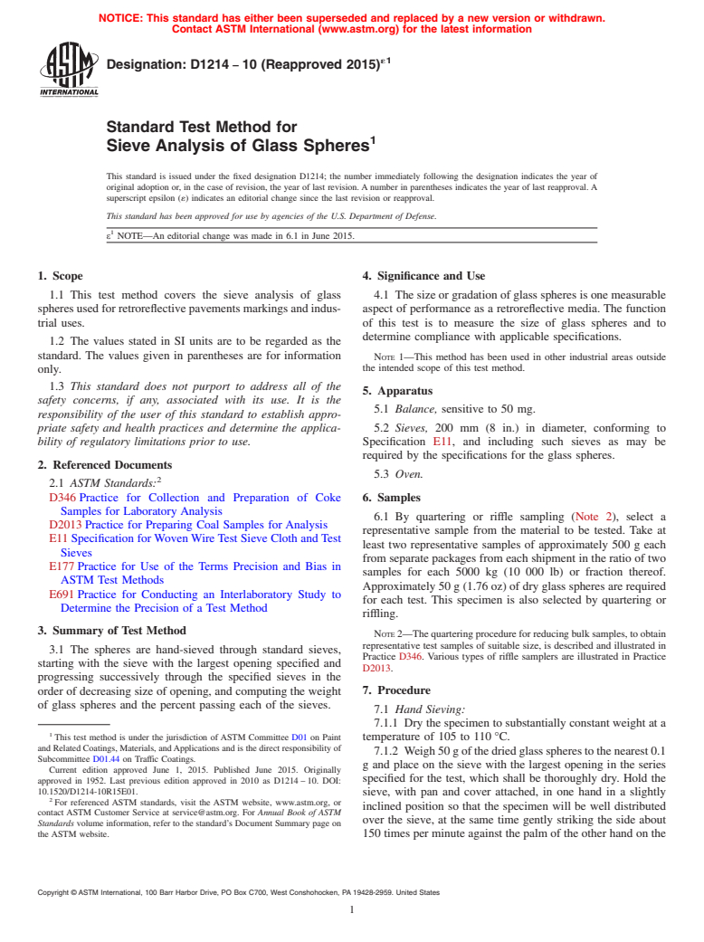 ASTM D1214-10(2015)e1 - Standard Test Method for Sieve Analysis of Glass Spheres