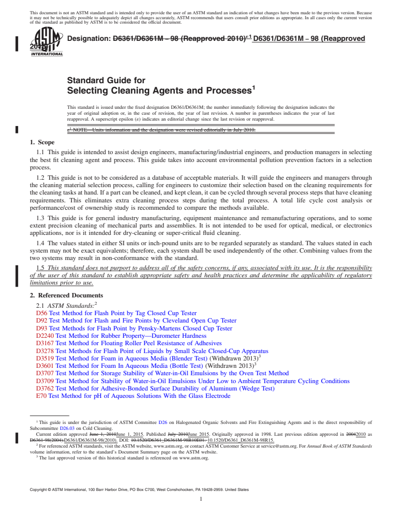 REDLINE ASTM D6361/D6361M-98(2015) - Standard Guide for Selecting Cleaning Agents and Processes