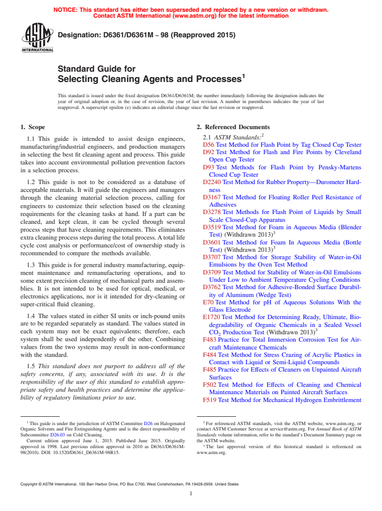 ASTM D6361/D6361M-98(2015) - Standard Guide for Selecting Cleaning Agents and Processes