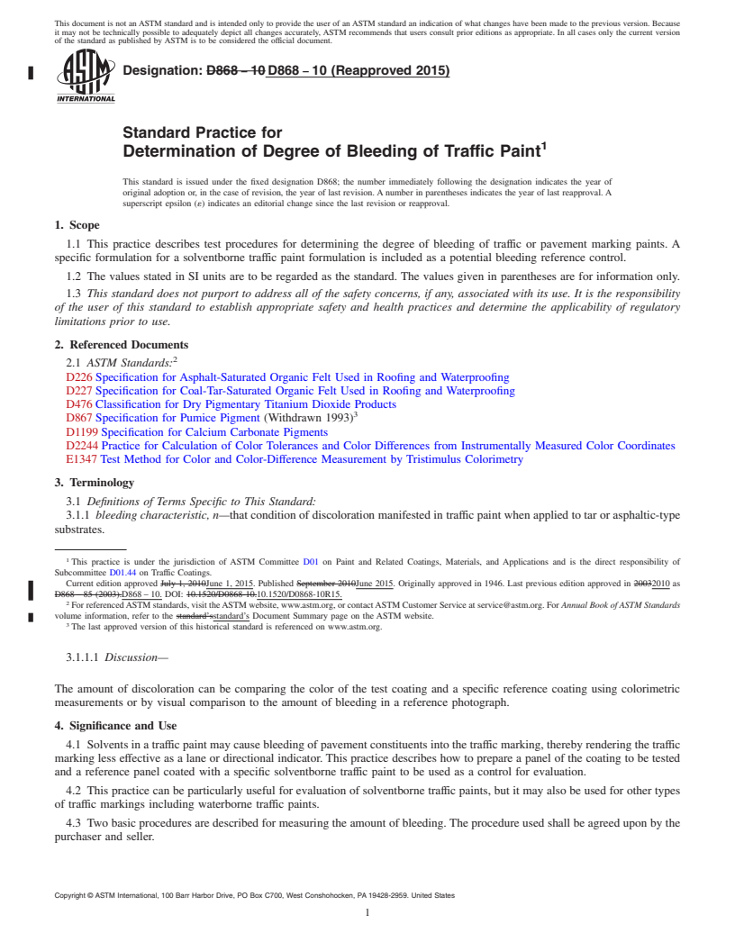 REDLINE ASTM D868-10(2015) - Standard Practice for Determination of Degree of Bleeding of Traffic Paint