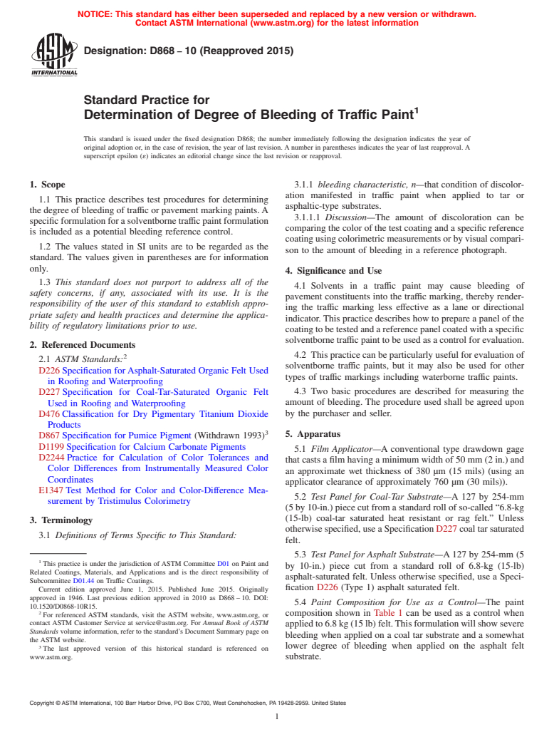 ASTM D868-10(2015) - Standard Practice for Determination of Degree of Bleeding of Traffic Paint