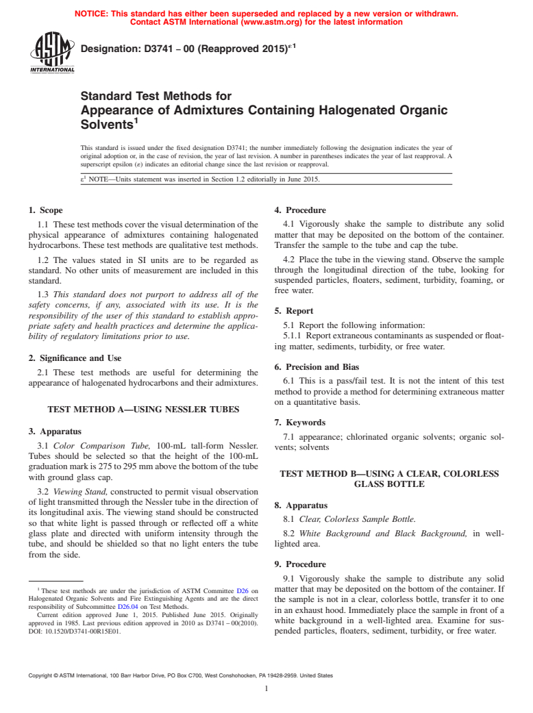 ASTM D3741-00(2015)e1 - Standard Test Methods for Appearance of Admixtures Containing Halogenated Organic Solvents