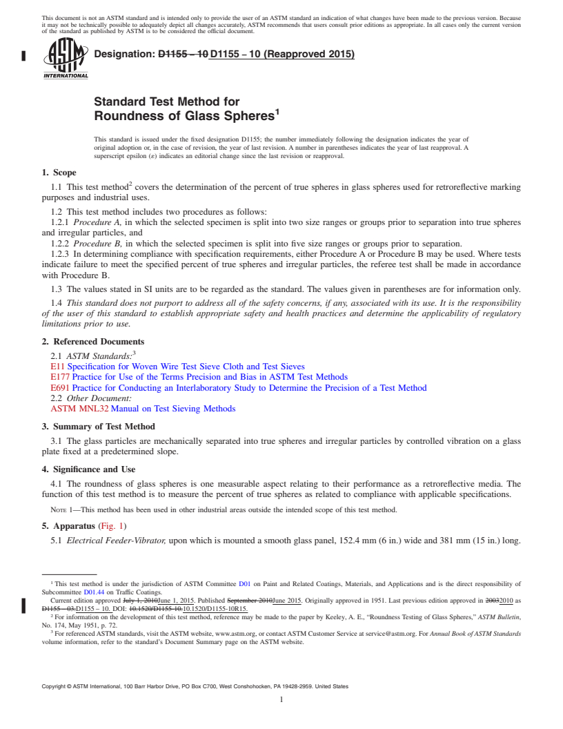 REDLINE ASTM D1155-10(2015) - Standard Test Method for Roundness of Glass Spheres