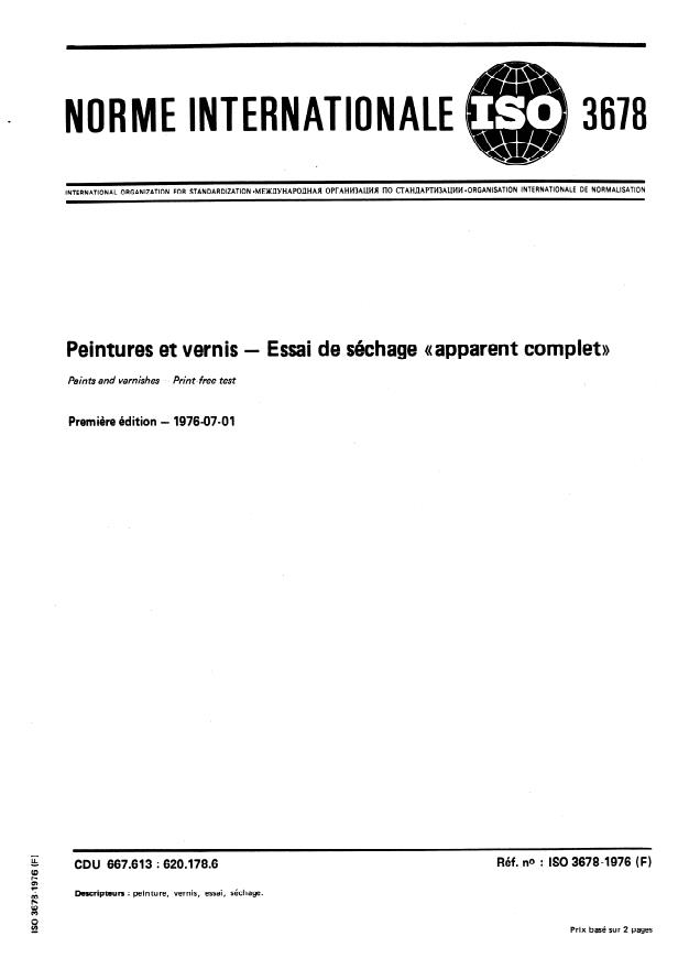 ISO 3678:1976 - Peintures et vernis -- Essai de séchage "apparent complet"
