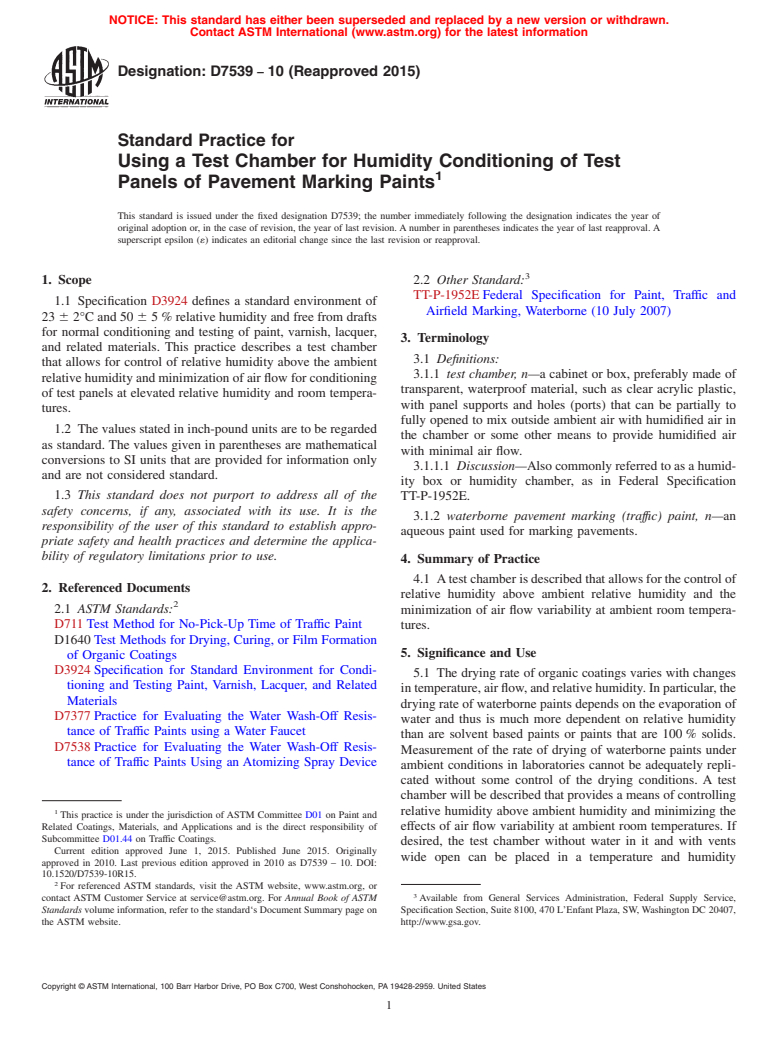 ASTM D7539-10(2015) - Standard Practice for Using a Test Chamber for Humidity Conditioning of Test Panels   of Pavement Marking Paints