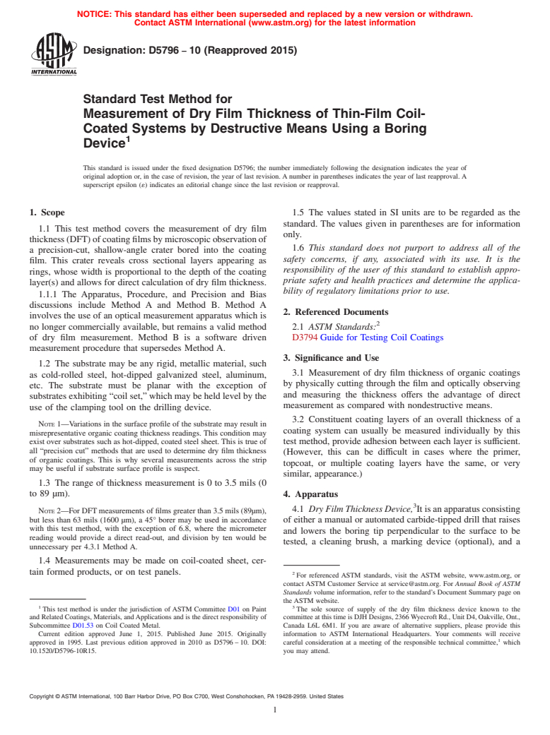 ASTM D5796-10(2015) - Standard Test Method for Measurement of Dry Film Thickness of Thin-Film Coil-Coated   Systems by Destructive Means Using a Boring Device