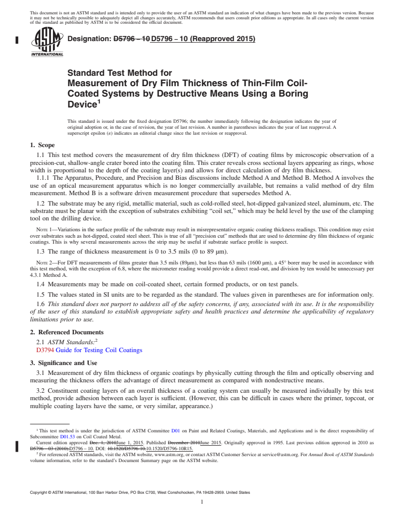 REDLINE ASTM D5796-10(2015) - Standard Test Method for Measurement of Dry Film Thickness of Thin-Film Coil-Coated   Systems by Destructive Means Using a Boring Device