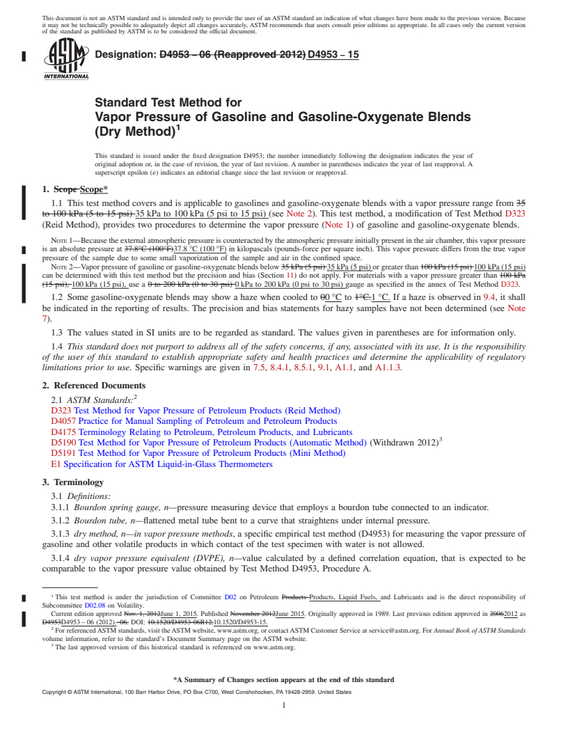 REDLINE ASTM D4953-15 - Standard Test Method for  Vapor Pressure of Gasoline and Gasoline-Oxygenate Blends (Dry   Method)