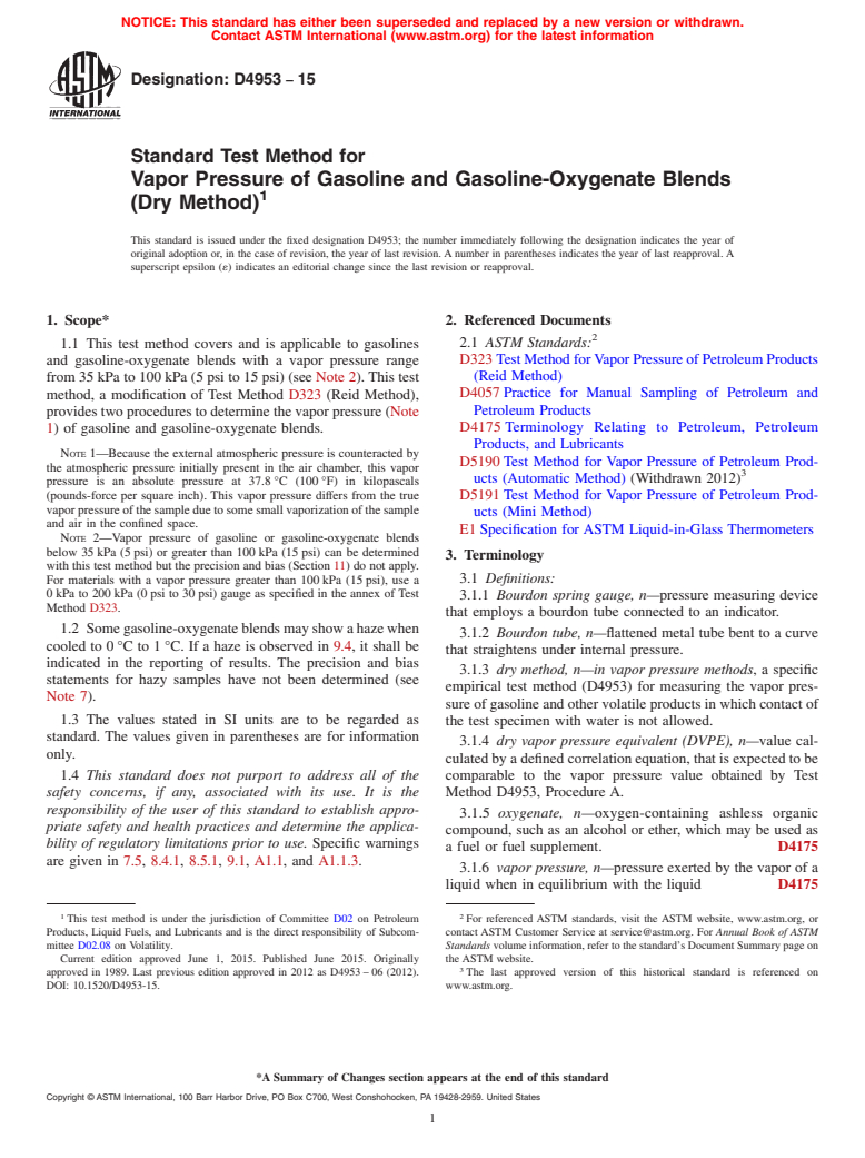 ASTM D4953-15 - Standard Test Method for  Vapor Pressure of Gasoline and Gasoline-Oxygenate Blends (Dry   Method)