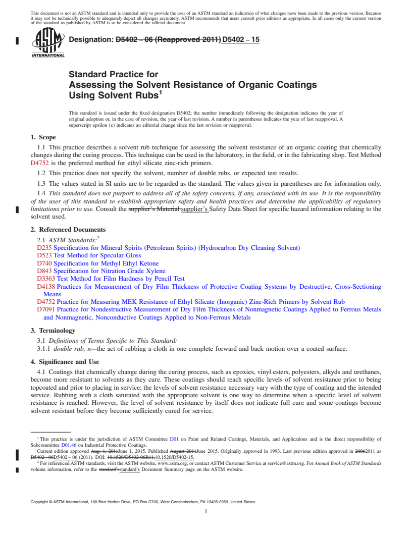 REDLINE ASTM D5402-15 - Standard Practice for Assessing the Solvent Resistance of Organic Coatings Using   Solvent   Rubs