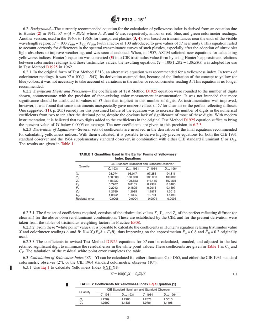 REDLINE ASTM E313-15e1 - Standard Practice for Calculating Yellowness and Whiteness Indices from Instrumentally   Measured Color Coordinates