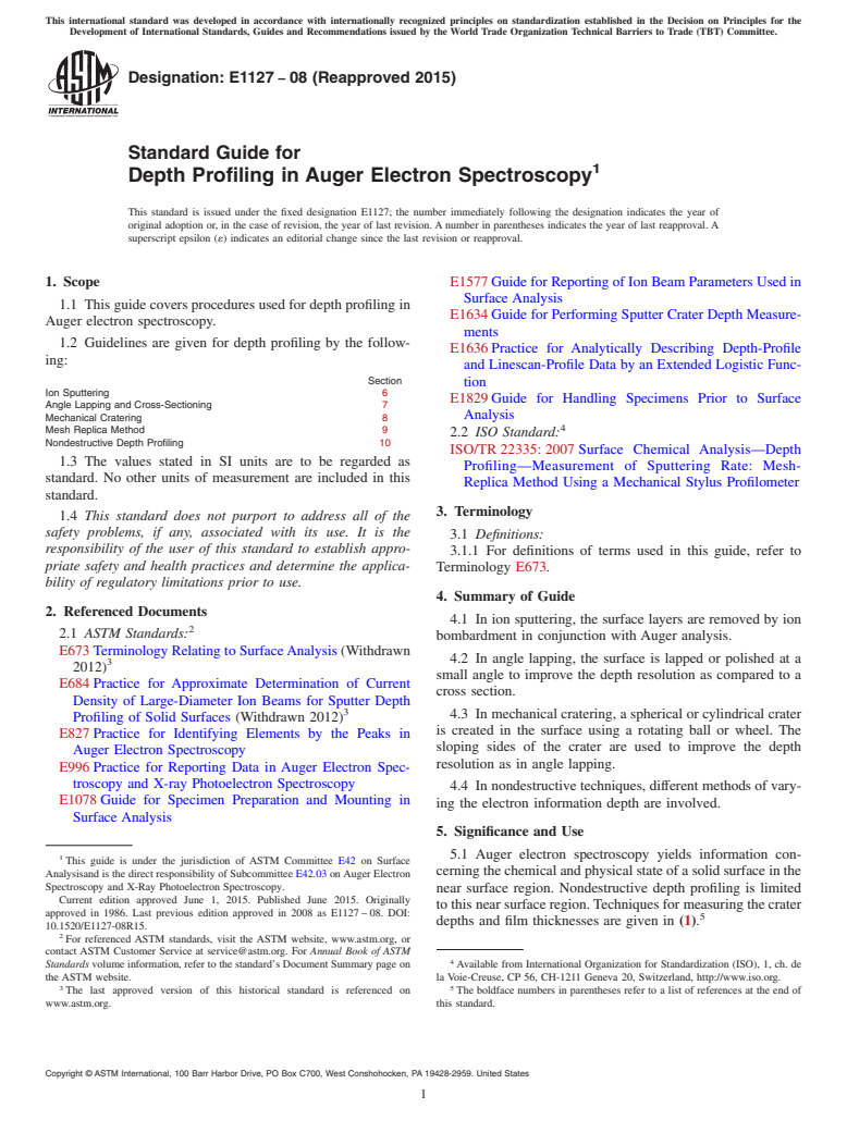 ASTM E1127-08(2015) - Standard Guide for Depth Profiling in Auger Electron Spectroscopy