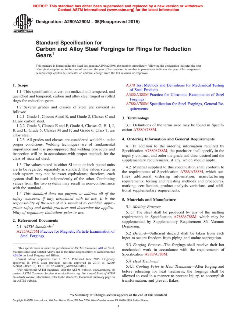 ASTM A290/A290M-05(2015) - Standard Specification for Carbon and Alloy Steel Forgings for Rings for Reduction Gears