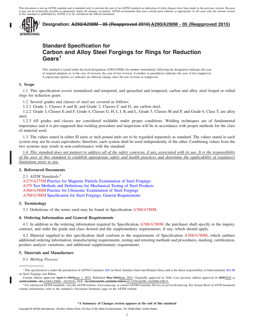 REDLINE ASTM A290/A290M-05(2015) - Standard Specification for Carbon and Alloy Steel Forgings for Rings for Reduction Gears