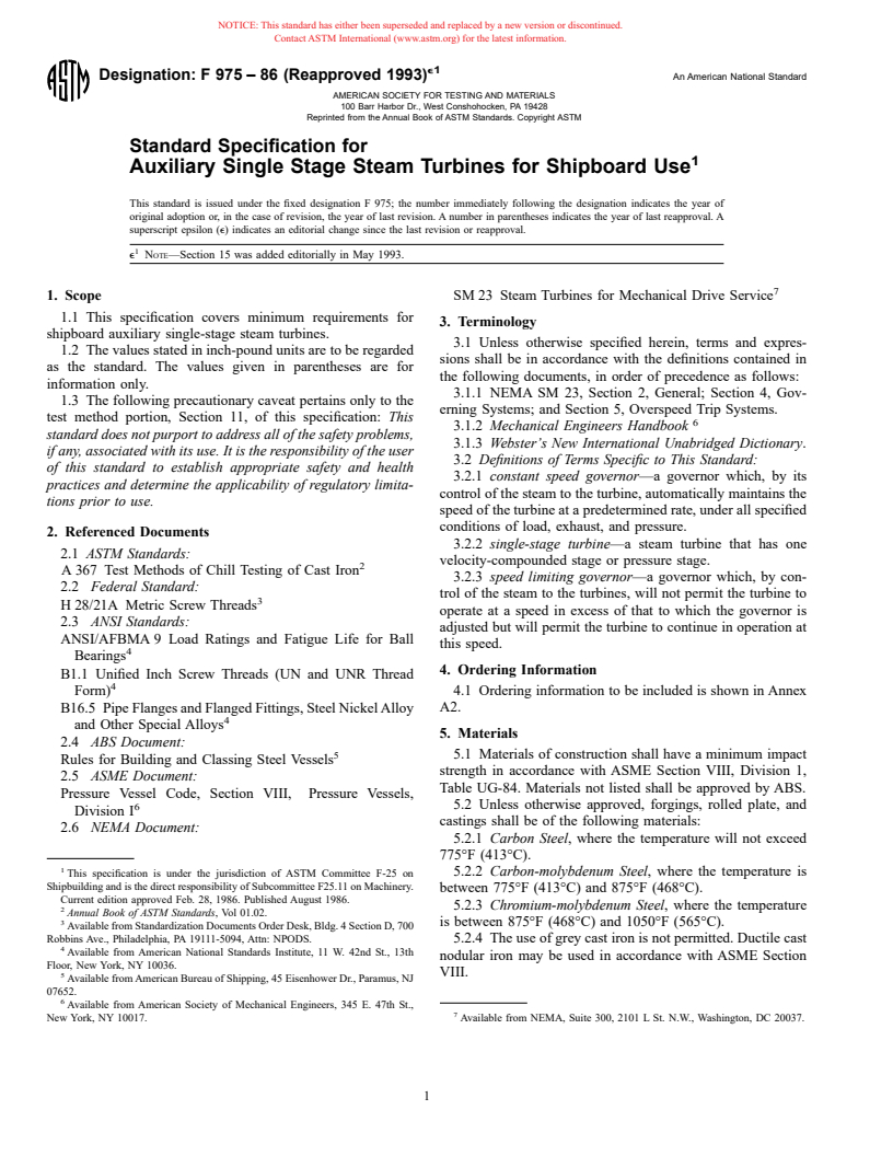 ASTM F975-86(1993)E01 - Specification for Auxiliary Single Stage Steam Turbines for Shipboard Use (Withdrawn 2000)