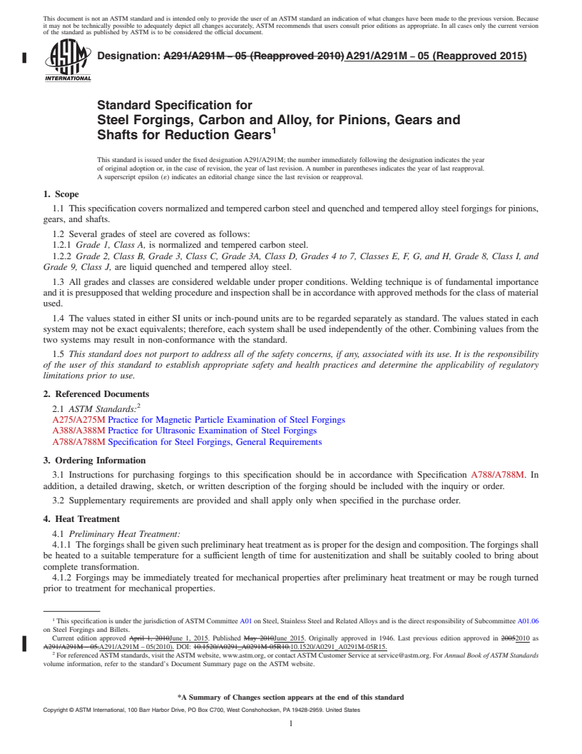 REDLINE ASTM A291/A291M-05(2015) - Standard Specification for Steel Forgings, Carbon and Alloy, for Pinions, Gears and Shafts   for Reduction Gears