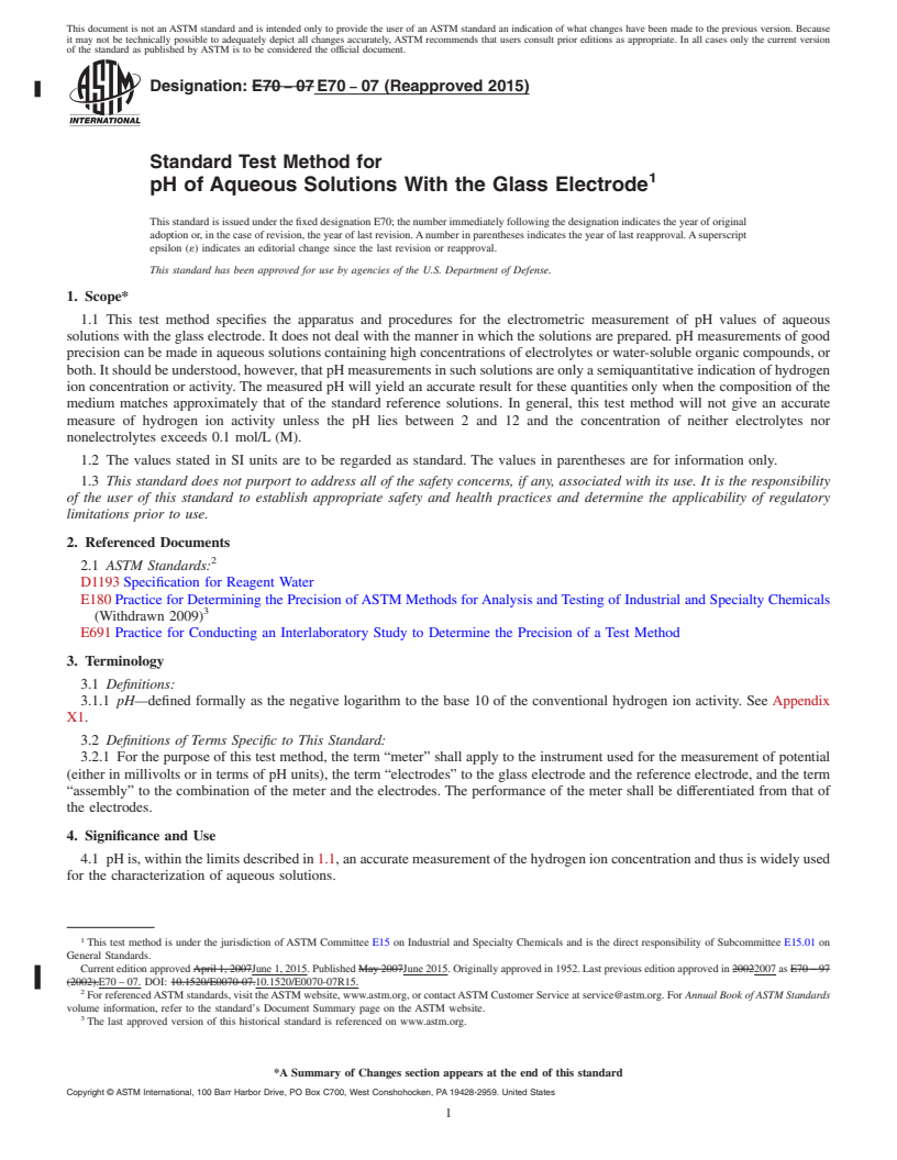 REDLINE ASTM E70-07(2015) - Standard Test Method for pH of Aqueous Solutions With the Glass Electrode