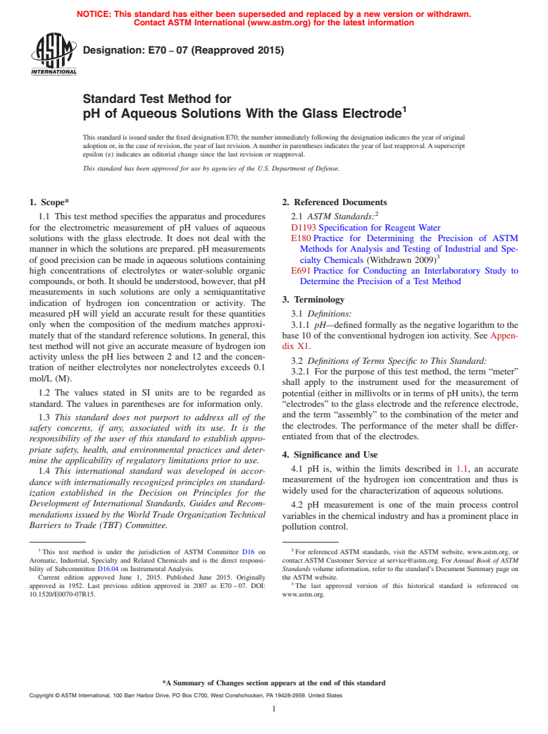 ASTM E70-07(2015) - Standard Test Method for pH of Aqueous Solutions With the Glass Electrode