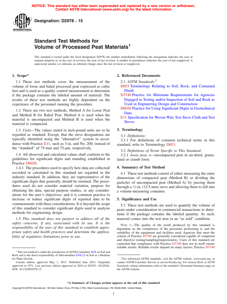 ASTM D2978-15 - Standard Test Methods for Volume of Processed Peat Materials