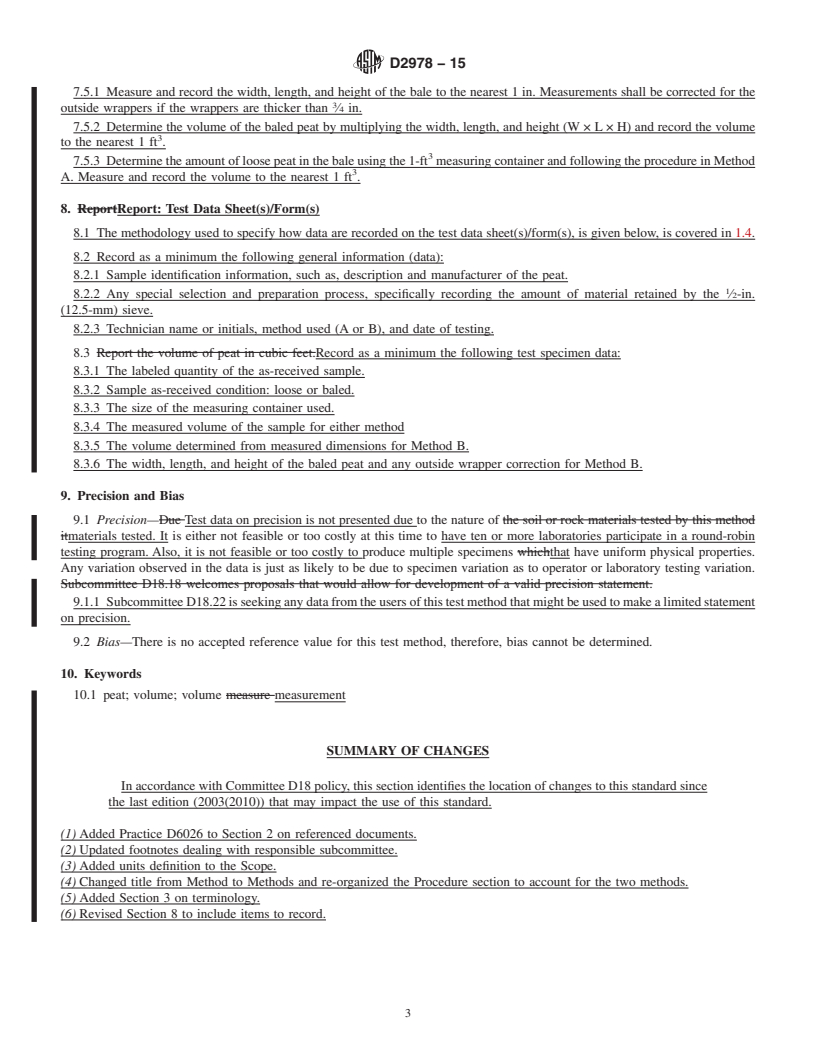 REDLINE ASTM D2978-15 - Standard Test Methods for Volume of Processed Peat Materials