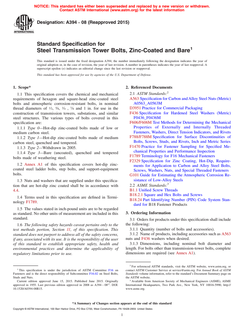 ASTM A394-08(2015) - Standard Specification for  Steel Transmission Tower Bolts, Zinc-Coated and Bare