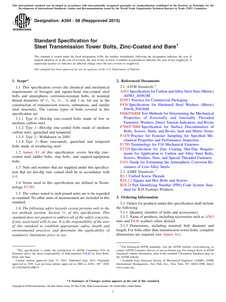 ASTM A394-08(2015) - Standard Specification for  Steel Transmission Tower Bolts, Zinc-Coated and Bare