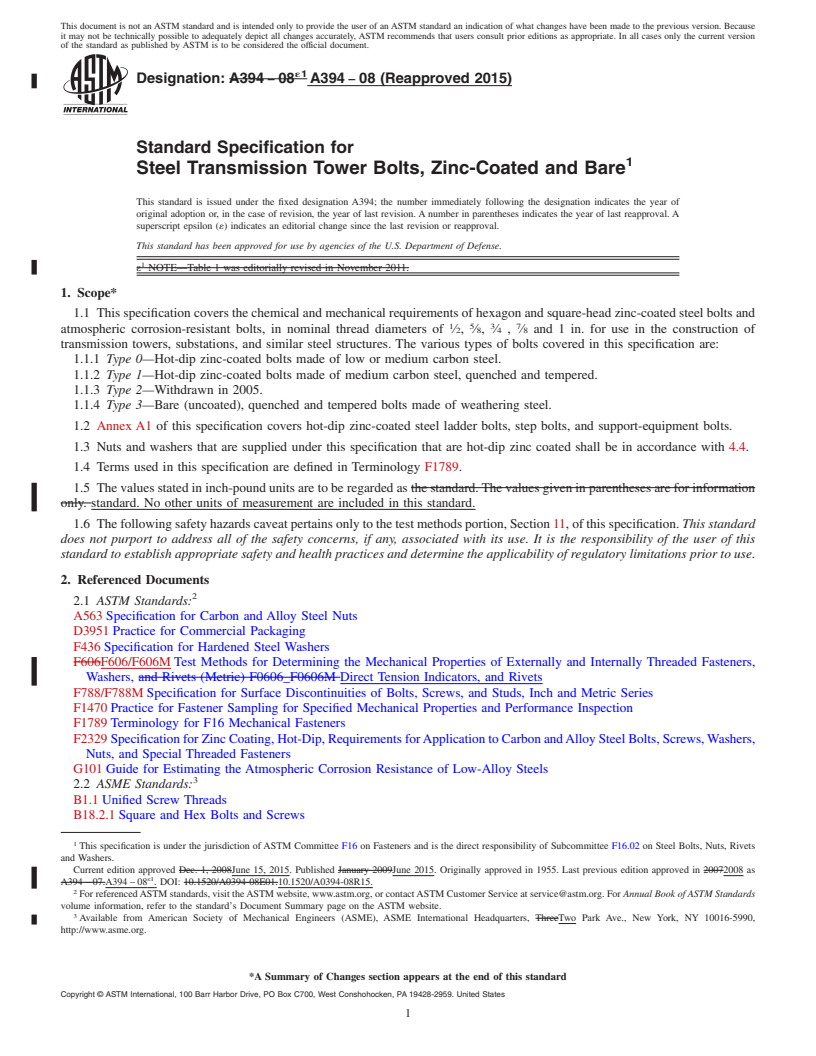 REDLINE ASTM A394-08(2015) - Standard Specification for  Steel Transmission Tower Bolts, Zinc-Coated and Bare