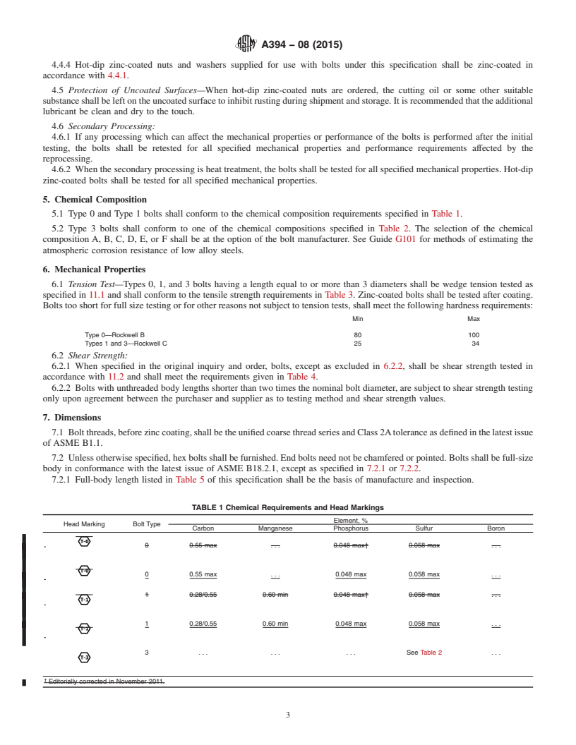 REDLINE ASTM A394-08(2015) - Standard Specification for  Steel Transmission Tower Bolts, Zinc-Coated and Bare