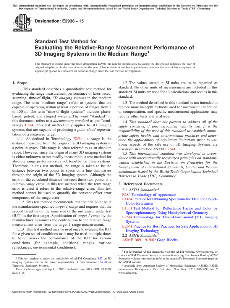 ASTM E2938-15 - Standard Test Method for Evaluating the Relative-Range Measurement Performance of 3D  Imaging Systems in the Medium Range