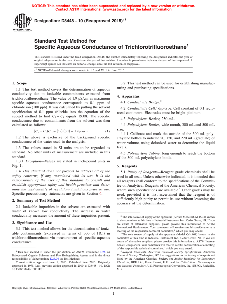 ASTM D3448-10(2015)e1 - Standard Test Method for Specific Aqueous Conductance of Trichlorotrifluoroethane