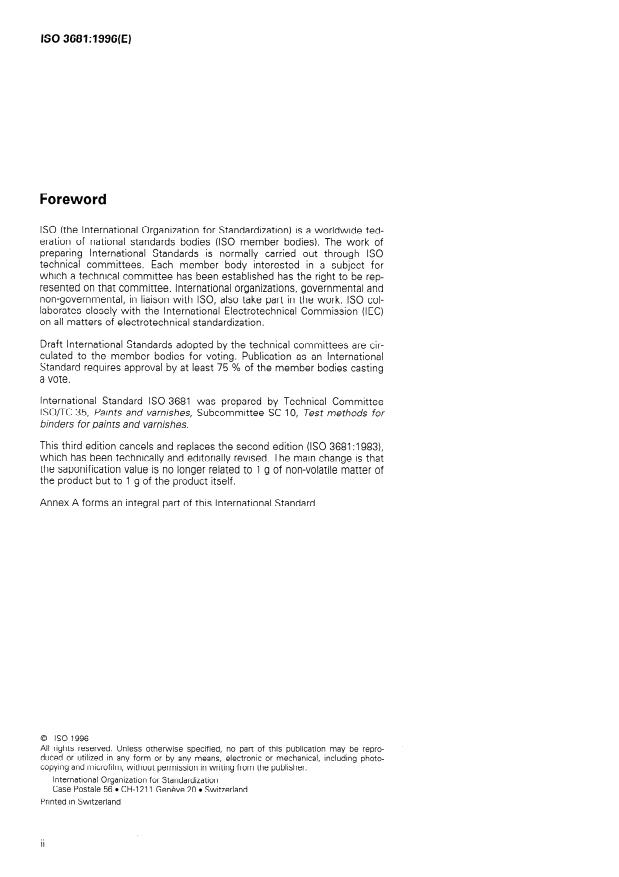 ISO 3681:1996 ISO 3681:1996 - Binders for paints and varnishes -- Determination of saponification value -- Titrimetric method - Page 2 preview