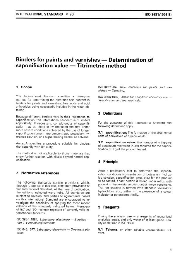 ISO 3681:1996 - Binders for paints and varnishes -- Determination of saponification value -- Titrimetric method