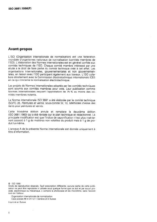 ISO 3681:1996 ISO 3681:1996 - Liants pour peintures et vernis -- Détermination de l'indice de saponification -- Méthode titrimétrique - Page 2 preview
