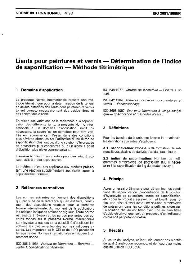 ISO 3681:1996 - Liants pour peintures et vernis -- Détermination de l'indice de saponification -- Méthode titrimétrique