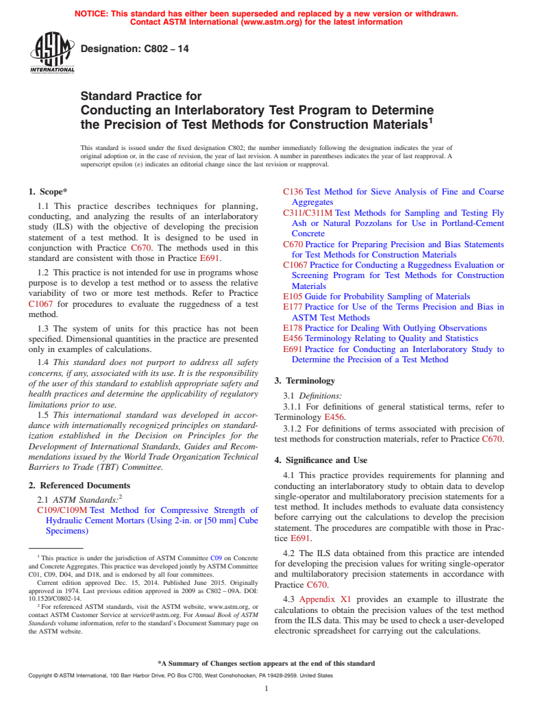 ASTM C802-14 - Standard Practice for Conducting an Interlaboratory Test Program to Determine the  Precision of Test Methods for Construction Materials